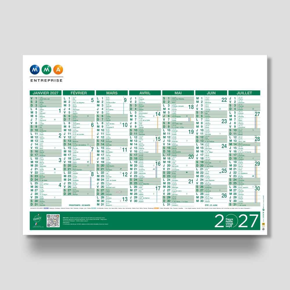 Calendrier Banque MMA Entreprise personnalisé